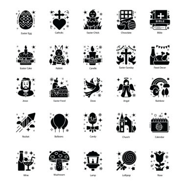 Tasarım projeniz için büyüleyici bir etkinlik ve kutlama ikonları getirdik. Paskalya yumurtası, katolik, katolik, civciv ve çok daha fazlasını içeriyor. Bu sürüdeki en iyi şey tamamen düzenlenebilir olması. 