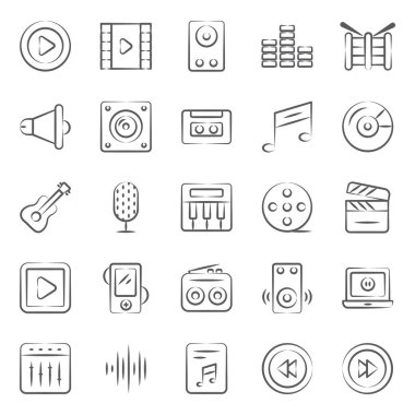 Bu müziği ve multimedya simgelerini medya, müzik ve ilgili her projeye aktarmak için kullanabilirsiniz. Bu premium tasarım seti düzenlenebilir kaynaklarla birlikte satır biçiminde kullanılabilir. 