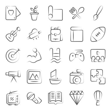 İlgili alanlarınızda hobiler ve eğlence alanı simgeleri mevcuttur. Düzenlenebilir vektör grafikleri ile de kanıtlanıyor, şimdi indirin!