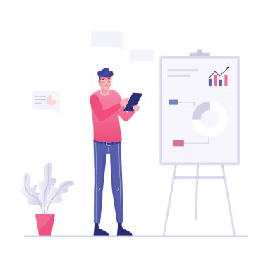 İş verilerini sunan bir öğretmen avatarı, düz bir sunum illüstrasyonunda