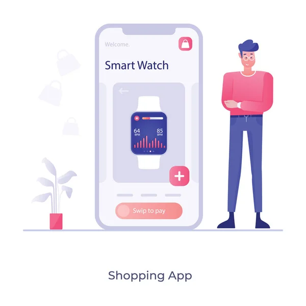 Smartwatch Memesan Konsep Aplikasi Belanja Dalam Gaya Flat Yang Dapat - Stok Vektor