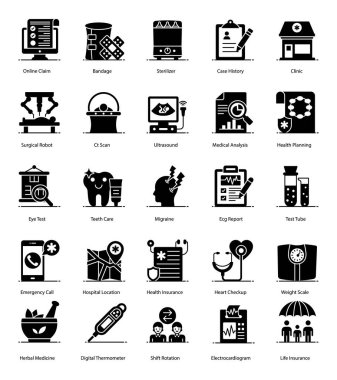 Tasarım projeniz için tıbbi ve sağlık ikonları getirdik. Bu sette ilk yardım ve hastaneyle ilgili tüm ekipmanlar var. Bu seti alın ve sağlık, hastane ve tıbbi projeler tasarlamaktan zevk alın. Düzenlenebilir vuruş vektörleri paketi.