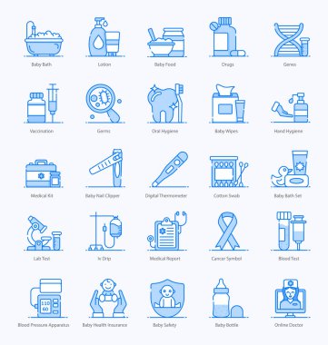 Bir paket bebek hijyen ikonu, çocukların temel ihtiyaçlarını mükemmel bir şekilde göstererek düzenlenebilir bir tarzda sunar. Bu premium pakette indirmek için cool kullanılabilir.
