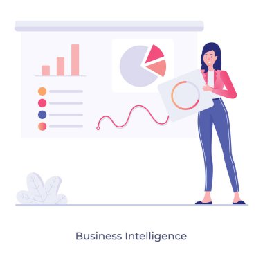 Sunum tahtası olan dişi avatar, iş zekası düz vektör 