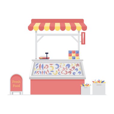 Moda düz vektörlü deniz ürünleri pazarı, düzenlenebilir illüstrasyon tasarımı 