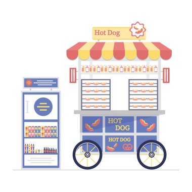 Moda tarzı olan sosisli sandviç arabası, fast food konsepti. 