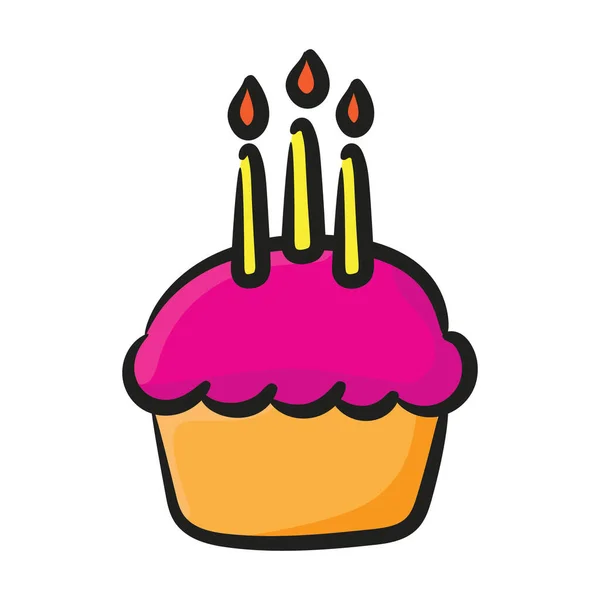 上有蜡烛的蛋糕 涂鸦设计中的纸杯蛋糕图标 — 图库矢量图片