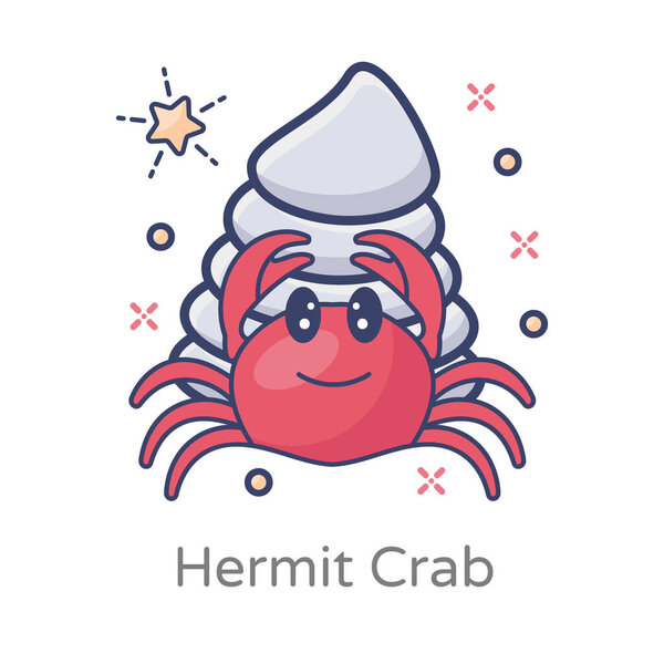 Flat design of crab with mollusc shell, hermit crab vector 