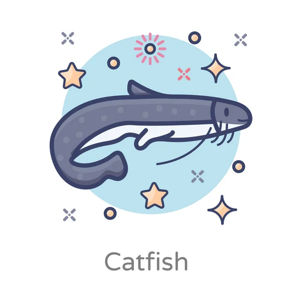 Poisson Eau Douce Mer Avec Barbillons Icône Poisson Chat — Image vectorielle