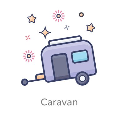 Kamp aracının simgesi, karavan vektörünün düz tasarımı 