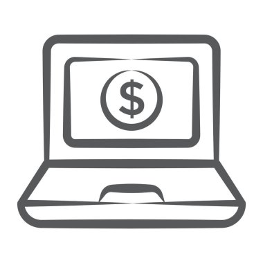 Bilgisayarın içinde dolar, satır dizaynında çevrimiçi ödeme simgesi 