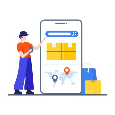 Karton ve konum işaretleyicili akıllı telefon, paket izleme kavramı 