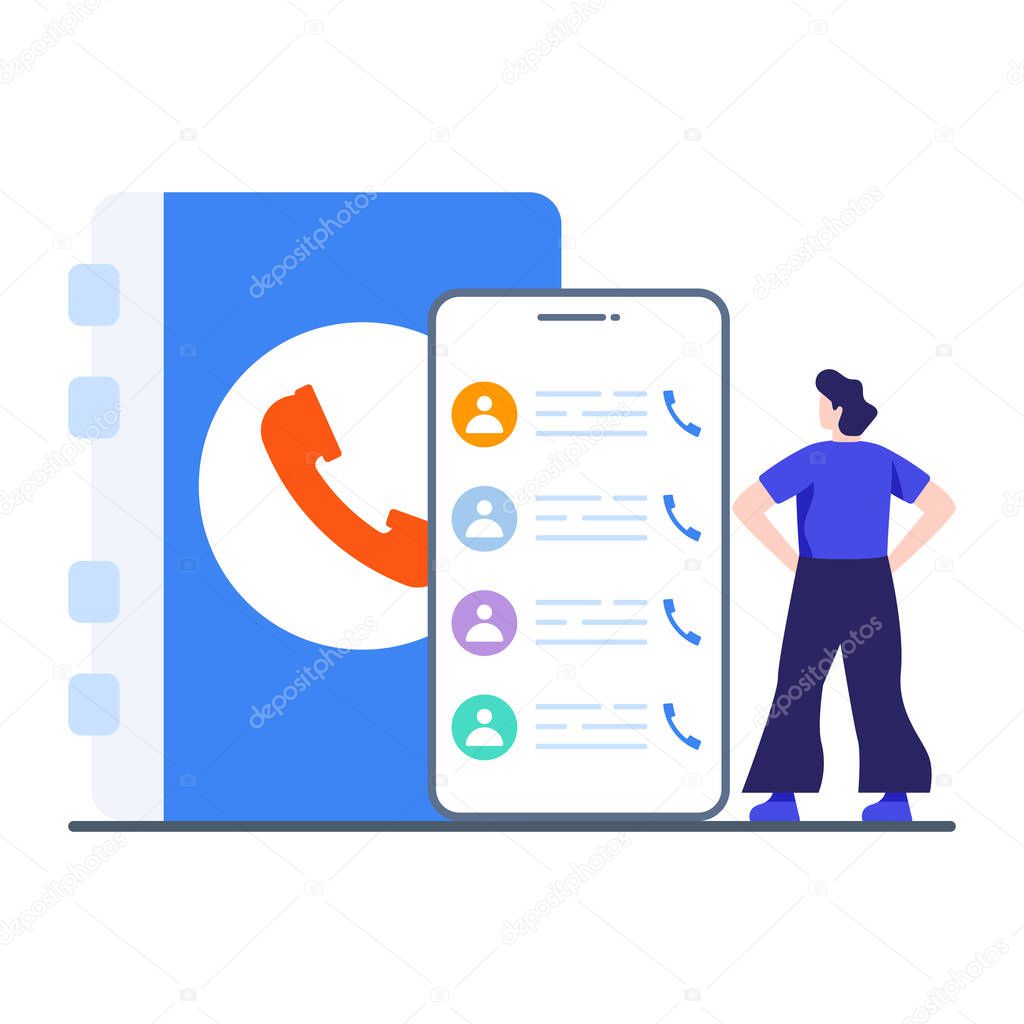 Smartphone saved numbers, phone contacts in flat illustration