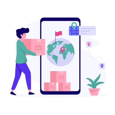 Karton ve küreyle akıllı telefon, paket izleme kavramı 