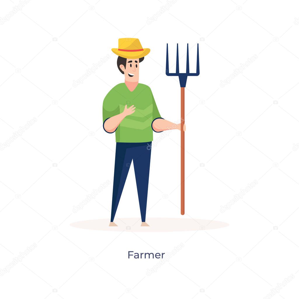 Man holding rake, farmer in flat vector design 