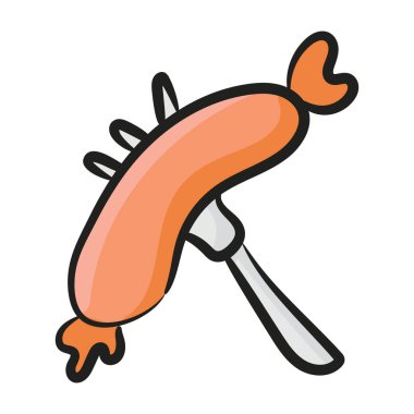 Çatal simgesinde sosis, el çizimi düzenlenebilir vektör.