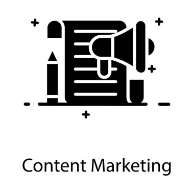 İçerik pazarlamasının düz tasarımı, megafon ve kalem ile katlanmış kağıt 