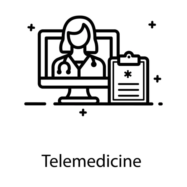 Doctora Dentro Del Monitor Telemedicina Icono Plano — Vector de stock