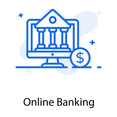 Çevrimiçi bankacılık simgesinin düz dizaynı olan dolar ile içerideki banka monitörü