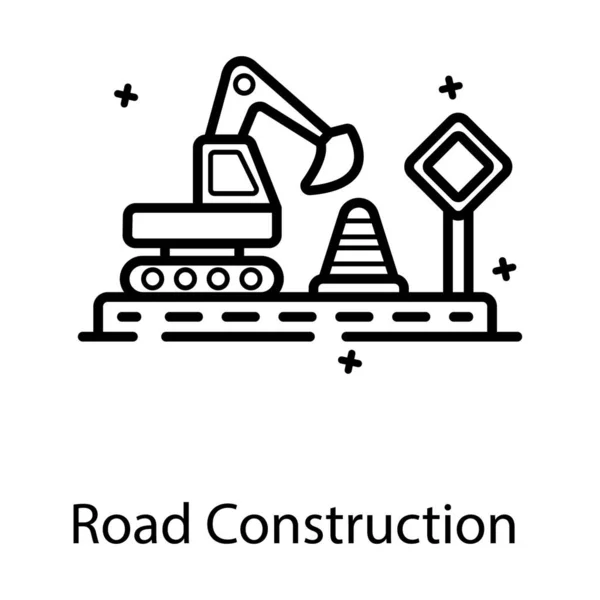 Yol Inşaatının Kavramsal Düz Tasarımı Yolda Kazıcı — Stok Vektör