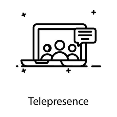 Laptop 'un içinde sohbet balonu, telepresence simgesi olan bir grup insan