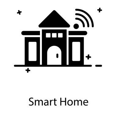 Akıllı ev, düz dizaynlı kablosuz sinyal simgesi olan ev.
