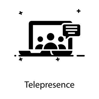 Laptop 'un içinde sohbet balonu, telepresence simgesi olan bir grup insan