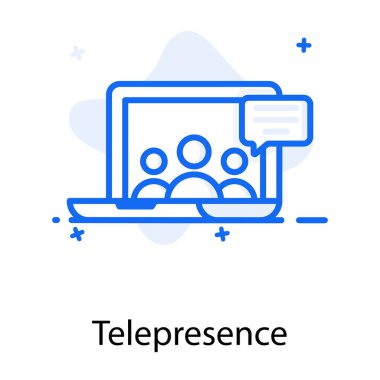 Laptop 'un içinde sohbet balonu, telepresence simgesi olan bir grup insan