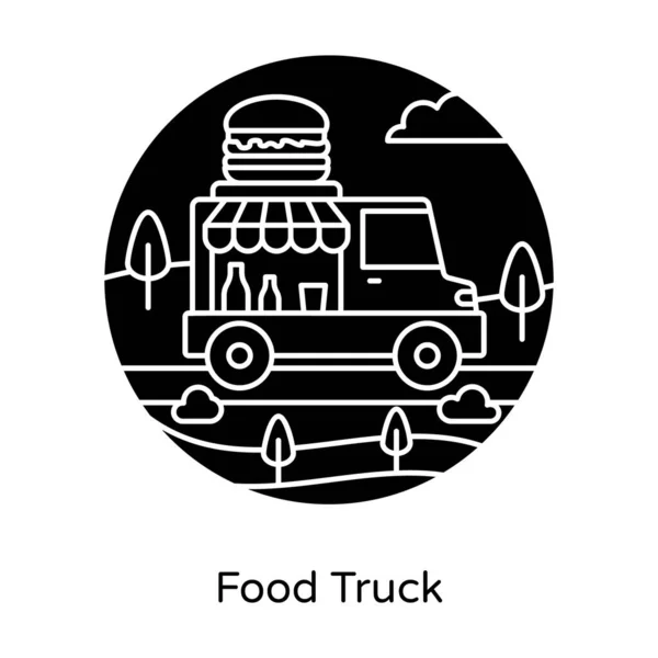 Icône Camion Alimentaire Dans Design Plat Hamburger Sur Véhicule — Image vectorielle