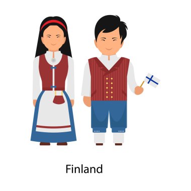 Finlandiya kıyafeti giyen sevimli bir çift, Finlandiya giyimi konsepti. 