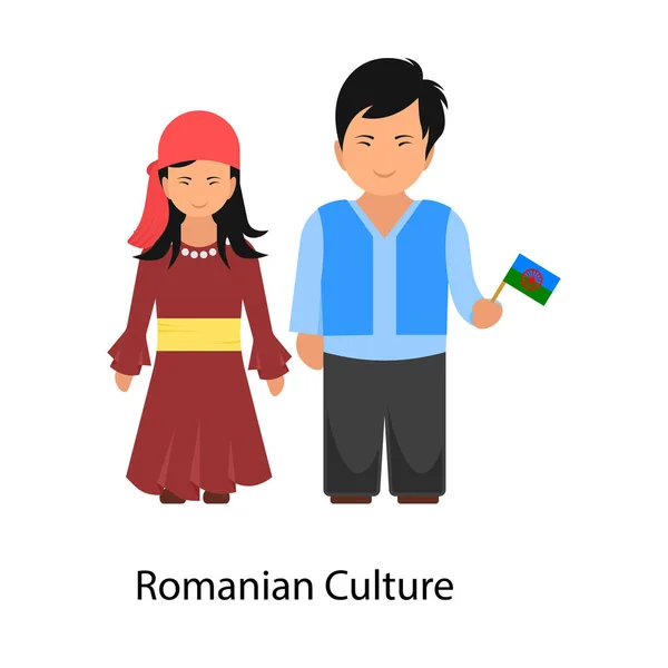 Tento Krásný Pár Vyobrazení Rumunské Kultury Jejich Šaty Plochý Vektor — Stockový vektor