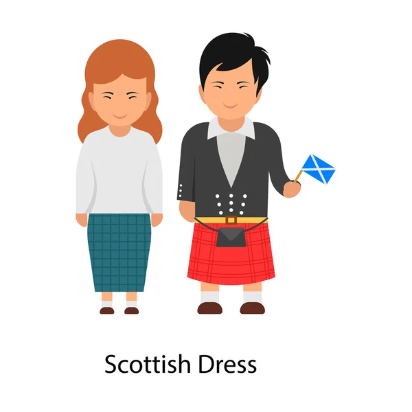 一对完美的苏格兰夫妇穿着他们的文化服装 穿着平坦的苏格兰服装 — 图库矢量图片