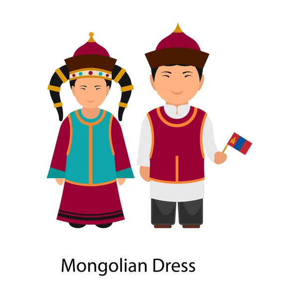 蒙古族服饰风格 平坦的男装和女装矢量 — 图库矢量图片
