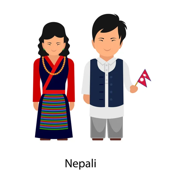 尼泊尔夫妇展示他们的民族服装 时尚的平面矢量在可编辑的风格 — 图库矢量图片