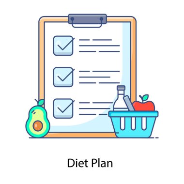 Diyet planının düz simgesi, sağlıklı gıda tablosu. 