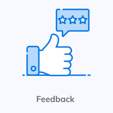 Konuşma baloncuğu ile başparmaklar, geri bildirim simgesi modayı düz tarzda 