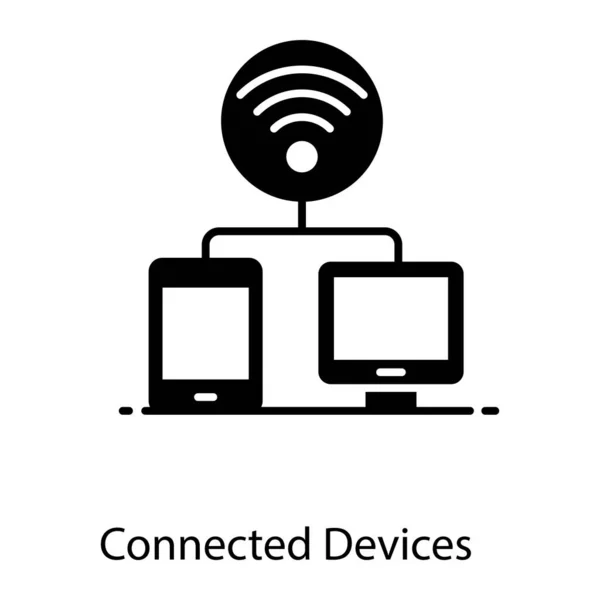 Bağlı Aygıtların Düz Tasarımı Mobil Monitörlü Wifi Sinyalleri — Stok Vektör