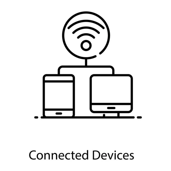 Vlak Ontwerp Van Aangesloten Apparaten Wifi Signalen Met Mobiel Monitor — Stockvector