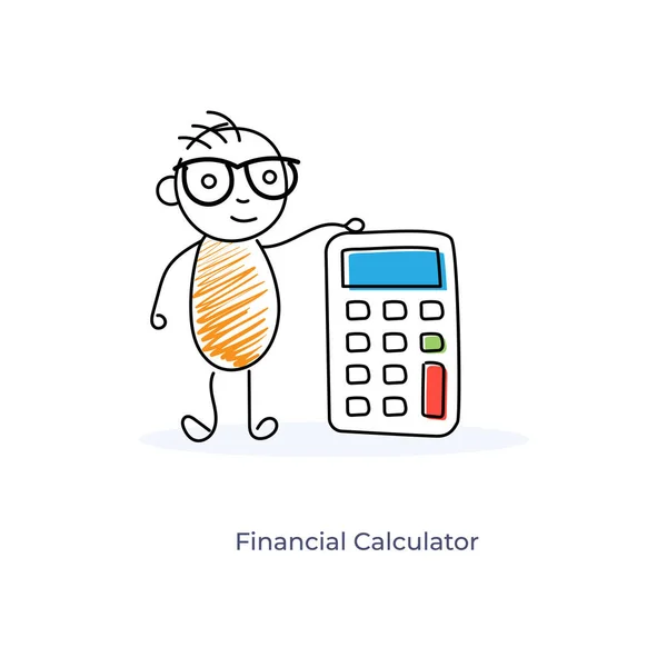 Personaje Dibujos Animados Con Adición Máquina Calculadora Financiera Concepto Vector — Vector de stock