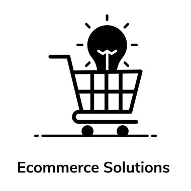 Ecommerce çözümlerinin kavramsal düz simgesi, alışveriş arabasının içindeki ampul 