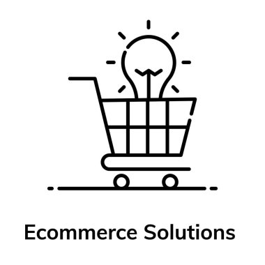 Ecommerce çözümlerinin kavramsal düz simgesi, alışveriş arabasının içindeki ampul 