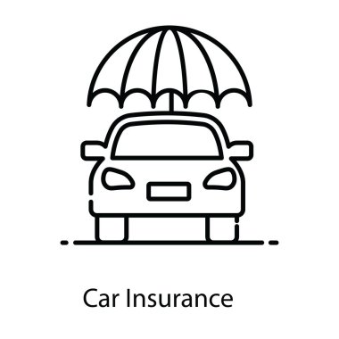 Parasol altında araba, modern daire tasarımında araba sigortası simgesi.