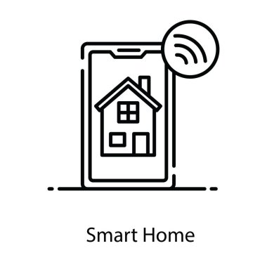 Akıllı ev, cep telefonunun içinde düz dizaynlı kablosuz sinyal simgesi olan ev.