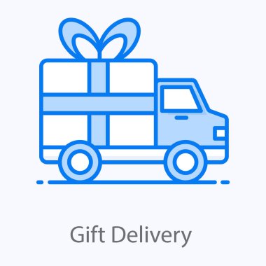 Düz stil hediye teslimat simgesi, yükleme kamyonunda paketlenmiş kutu 