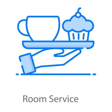 Kek tepsisi içinde çay fincanı, oda servisi ikonu.