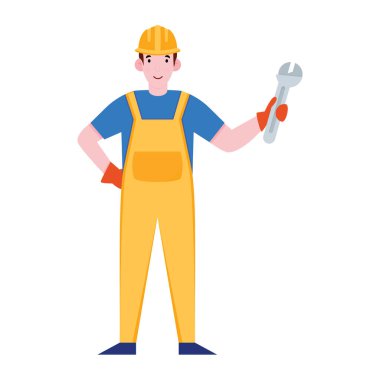 Sert şapka takan ve anahtarı tutan bir kişi, iş konsepti vektörü 