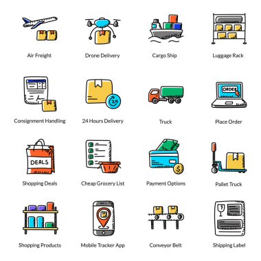 Sevkiyat ve Teslimat Doodle Vektörleri Ayarlandı 