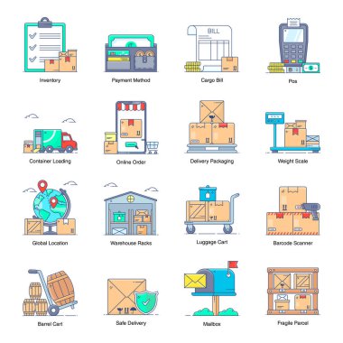 Modern Düz Paketteki Teslimat ve Lojistik Servisleri Simgeleri 