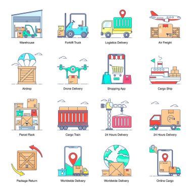 Modern Düz Paketteki Teslimat Servisleri Simgeleri 