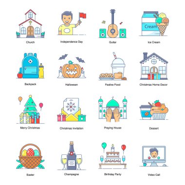 Modern Düz Pakette Parti ve Kutlama Simgeleri 